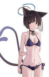 Rule 34 | 1girl, absurdres, animal ears, arm behind back, bad id, bad pixiv id, bare arms, bare legs, bare shoulders, bikini, black eyes, black hair, black nails, blue archive, blue halo, blush, breasts, cat ears, cat tail, closed mouth, cowboy shot, fingernails, halo, highres, kikyou (blue archive), looking at viewer, multiple tails, nail polish, navel, purple bikini, short hair, side-tie bikini bottom, simple background, small breasts, solo, swimsuit, tail, two tails, white background, xsan