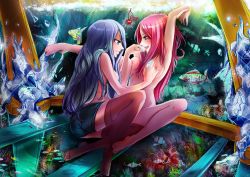 Rule 34 | 2girls, blue hair, breasts, cherry in the sun, ice, jewelry bonney, long hair, multiple girls, nipples, nude, one piece, pink hair, purple eyes, shorts, spread legs, thighhighs, topless, whitey bay, yuri
