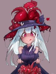 Rule 34 | 1girl, :p, bad id, bad pixiv id, clothes lift, dark-skinned female, dark skin, dress, dress lift, female focus, grey background, hat, long hair, monster girl, my700, original, pink eyes, sharp teeth, simple background, smile, solo, teeth, tentacles, tongue, tongue out, white hair