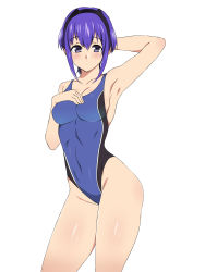 Rule 34 | 1girl, alternate skin color, arm behind head, armpits, blush, breasts, cleavage, competition swimsuit, dark skin, dark-skinned female, fate/prototype, fate/prototype: fragments of blue and silver, fate (series), hairband, hassan of serenity (fate), highleg, highres, kagemusha, looking at viewer, one-piece swimsuit, purple eyes, purple hair, short hair, sideboob, simple background, solo, swimsuit, white background