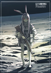 Rule 34 | 1girl, absurdres, alternate costume, animal ears, artist name, azling, full body, gloves, gun, highres, holding, holding gun, holding weapon, long hair, long sleeves, moon, moon rabbit, muted color, on moon, rabbit ears, red eyes, reisen udongein inaba, shoes, solo, standing, touhou, weapon
