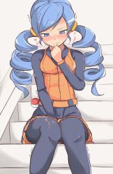 Rule 34 | 1girl, ace trainer (pokemon), belt, between legs, black pantyhose, black shirt, black skirt, blue eyes, blue hair, blush, breasts, clenched hand, creatures (company), drill hair, embarrassed, female focus, game freak, hair tie, half-closed eyes, hand between legs, hand up, have to pee, japanese text, knees together feet apart, long hair, long sleeves, looking down, muroi (fujisan0410), nintendo, nose blush, npc trainer, orange vest, pantyhose, pleated skirt, poke ball, poke ball (basic), pokemon, pokemon bw, shirt, sitting, skirt, small breasts, solo, stairs, straight-on, tears, translated, trembling, twin drills, twintails, vest