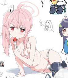 Rule 34 | 2girls, bare shoulders, bikini, black thighhighs, blue archive, blush, breasts, clearite, collarbone, eating, food, fork, fruit, hair ornament, long hair, looking at viewer, multiple girls, natsu (blue archive), navel, open mouth, pink hair, red eyes, side ponytail, sidelocks, small breasts, solo focus, strawberry, swimsuit, thighhighs, thighs, white bikini