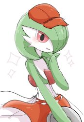 Rule 34 | 1girl, apron, blush, bob cut, cabbie hat, clothed pokemon, colored skin, commentary request, creatures (company), female focus, flat chest, game freak, gardevoir, gen 3 pokemon, green hair, green skin, hair over one eye, hand to own mouth, hand up, happy, hat, highres, holding, holding tray, jpeg artifacts, looking at viewer, multicolored skin, nintendo, one eye covered, open mouth, partial commentary, pokemon, pokemon (creature), pokemon cafe remix, red apron, red eyes, red hat, short hair, simple background, sketch, smile, solo, sparkle, standing, suzu (pixiv 32232702), tray, two-tone skin, upper body, waist apron, white background, white skin