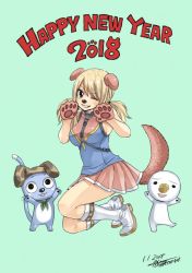 Rule 34 | 1girl, 2018, animal ears, blonde hair, breasts, dated, dog, fairy tail, fake animal ears, female focus, hair between eyes, happy, happy (fairy tail), happy new year, large breasts, long hair, looking at viewer, lucy heartfilia, mashima hiro, new year, official art, one eye closed, plue, ribbon, simple background, skirt, solo, tattoo, twintails, wink