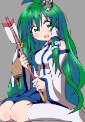 Rule 34 | 1girl, ahoge, blue skirt, blush, breasts, bwell, collared shirt, commentary request, detached sleeves, frog hair ornament, full body, green eyes, green hair, grey background, hair between eyes, hair ornament, hair tubes, highres, holding, kneehighs, kochiya sanae, long hair, looking at viewer, medium breasts, no shoes, open mouth, shirt, simple background, single sidelock, sitting, skirt, sleeveless, sleeveless shirt, smile, snake hair ornament, socks, solo, touhou, very long hair, wariza, white shirt, white sleeves, white socks