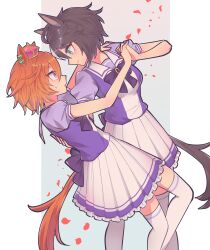 Rule 34 | 2girls, absurdres, animal ears, arm around neck, black hair, black tail, blue eyes, bow, bowtie, crown, dancing, ear ornament, enaka (user kgsd3344), eye contact, falling petals, feet out of frame, frilled skirt, frills, fuji kiseki (umamusume), hair between eyes, hand on another&#039;s back, hand on another&#039;s shoulder, highres, holding hands, horse ears, horse girl, horse tail, horseshoe ornament, interlocked fingers, looking at another, mini crown, multicolored hair, multiple girls, orange hair, orange tail, parted lips, petals, pleated skirt, puffy short sleeves, puffy sleeves, purple bow, purple bowtie, purple eyes, purple serafuku, purple shirt, purple skirt, sailor collar, sailor shirt, school uniform, serafuku, shirt, short hair, short sleeves, skirt, smile, socks, standing, streaked hair, summer uniform, sweat, t.m. opera o (umamusume), tail, tango, thighhighs, tracen school uniform, umamusume, white hair, white skirt, white socks, yuri, zettai ryouiki