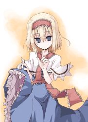 Rule 34 | 1girl, alice margatroid, blonde hair, blue dress, blue eyes, capelet, clothes lift, dress, dress lift, female focus, frills, gradient background, hairband, mochiki, no nose, petticoat, pointing, short hair, solo, touhou