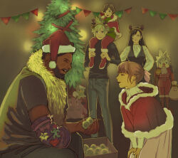 Rule 34 | 2girls, 3boys, antlers, barret wallace, black hair, blonde hair, boots, breasts, brown hair, capelet, carrying over shoulder, child, chocobo, christmas, christmas lights, christmas ornaments, christmas tree, closed eyes, cloud strife, dark-skinned male, dark skin, denzel (ff7), earrings, facial hair, family, final fantasy, final fantasy vii, final fantasy vii advent children, fur-trimmed boots, fur-trimmed capelet, fur-trimmed headwear, fur trim, hair ribbon, hairband, hat, highres, horns, indoors, jewelry, large breasts, long hair, long sleeves, looking at another, marlene wallace, moogle, multiple boys, multiple girls, open mouth, pants, pink ribbon, red footwear, red headwear, red pants, reindeer antlers, ribbon, sabotender, santa costume, santa hat, short hair, single earring, smile, spiked hair, swept bangs, tifa lockhart, tori (labyrinth fft), turtleneck