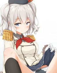 Rule 34 | 10s, 1girl, black socks, black panties, blue eyes, bow, bow panties, clothes lift, epaulettes, gloves, hat, kantai collection, kashima (kancolle), kneehighs, lace, lace-trimmed panties, lace trim, lifted by self, long hair, panties, silver hair, skirt, skirt lift, smile, socks, solo, suke (momijigari), twintails, underwear, uniform, wavy hair