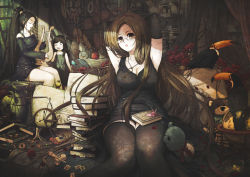 Rule 34 | 3girls, bird, black legwear, book, book stack, bread, breasts, cleavage, eri (artist), flower, food, glasses, harp, instrument, jewelry, key, key necklace, multiple girls, necklace, origami, original, rose, sausage, skull, smile, thighhighs, tongue, tongue out, zettai ryouiki