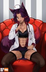 Rule 34 | 1girl, abs, absurdres, ahoge, animal ear fluff, animal ears, armchair, black bra, black panties, black thighhighs, bra, braid, braided ponytail, breasts, cat ears, cat tail, chair, cleavage, clothes lift, collared shirt, commentary, copyright request, dark-skinned female, dark skin, facial mark, finger to mouth, forehead mark, hand up, highres, kobi420, lab coat, lace, lace-trimmed bra, lace trim, large tail, lifting own clothes, long hair, long sleeves, looking at viewer, medium breasts, muscular, muscular female, navel, on chair, open clothes, open mouth, open shirt, panties, pencil skirt, purple hair, purple skirt, red shirt, shirt, shirt tucked in, single braid, sitting, skirt, skirt lift, solo, spread legs, stethoscope, tail, teeth, thighhighs, underwear, upper teeth only, yellow eyes