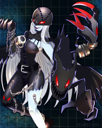 Rule 34 | 1girl, asymmetrical clothes, belt, breasts, chain, claws, colored skin, demon, demon girl, digimon, elbow gloves, evil, female focus, gloves, grey background, grey skin, hip focus, ladydevimon, large breasts, lips, long hair, mask, pale skin, red eyes, simple background, skull, smile, solo, thigh gap, thighs, torn clothes, very long hair, white hair