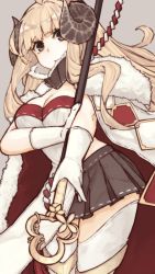 Rule 34 | 10s, 1girl, ahoge, anila (granblue fantasy), bad id, bad pixiv id, black skirt, blonde hair, breasts, brown eyes, cleavage, draph, elbow gloves, fur trim, gloves, granblue fantasy, grey background, horns, large breasts, long hair, md5 mismatch, mikoto (oi plus), miniskirt, pleated skirt, sheep horns, simple background, skirt, solo, staff, thighhighs, white gloves, white thighhighs