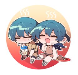 Rule 34 | 1boy, 1girl, blush, byleth (female) (fire emblem), byleth (fire emblem), byleth (male) (fire emblem), chibi, closed eyes, closed mouth, cup, drinking straw, egg, fire emblem, fire emblem: three houses, friedbirdchips, nintendo, open mouth, plate, short sleeves, sitting, sleeveless