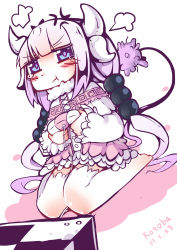 Rule 34 | 10s, anger vein, beads, blue eyes, capelet, child, commentary request, controller, dragon girl, dragon horns, dragon tail, full body, game console, game controller, gradient hair, hair beads, hair ornament, hairband, highres, horns, kanna kamui, kobayashi-san chi no maidragon, kotoba (1074421015), low twintails, multicolored hair, sketch, solo, tail, thighhighs, twintails, white thighhighs