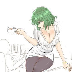 Rule 34 | 1girl, alternate costume, arm support, black pantyhose, blouse, bracelet, breasts, cleavage, closed mouth, cup, drawing, green hair, haji (hajiko), holding, holding cup, jewelry, kazami yuuka, large breasts, looking at another, pantyhose, red eyes, shirt, short hair, short sleeves, sitting, solo focus, striped clothes, striped shirt, teacup, touhou, white background, white shirt