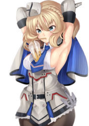 Rule 34 | 1girl, absurdres, armpits, black pantyhose, blonde hair, blue eyes, blue necktie, braid, breasts, bubble tea challenge, capelet, colorado (kancolle), commentary, cowboy shot, dress, elbow gloves, english commentary, garrison cap, gloves, grey dress, grey hat, hat, headgear, highres, kantai collection, large breasts, moeufocatcher, necktie, pantyhose, pleated dress, shirt, short hair, side braids, sideboob, sleeveless, solo, white shirt