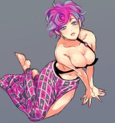 Rule 34 | 1girl, arm support, bad id, bad pixiv id, bare shoulders, barefoot, breasts, cleavage, collarbone, curly hair, feet, grey background, jojo no kimyou na bouken, large breasts, lowres, math, nail polish, navel, nikopa, pink eyes, pink hair, pink nails, short hair, sketch, skirt, solo, trish una, vento aureo