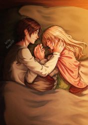 Rule 34 | 1boy, 1girl, artist name, bed, bed sheet, bedroom, blanket, blonde hair, candlelight, couple, eren yeager, green eyes, hand on another&#039;s face, highres, holding hands, indoors, interlocked fingers, krista lenz, long hair, long sleeves, lying, on bed, sango691, shingeki no kyojin, shirt