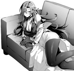 Rule 34 | 1girl, azur lane, azur lane: slow ahead, blush, breasts, camisole, chkalov (azur lane), choker, cleavage, couch, earrings, gloves, greyscale, highres, hori (hori no su), jewelry, long hair, lying, medium breasts, monochrome, off shoulder, official art, on side, open clothes, open shirt, parted bangs, shirt, striped clothes, striped shirt, thighhighs, vertical-striped clothes, vertical-striped shirt