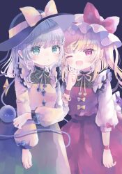 Rule 34 | 2girls, bat wings, black hat, blonde hair, blouse, bow, bowtie, buttons, crystal, diamond button, eyeball, flandre scarlet, frilled shirt collar, frilled sleeves, frills, green hair, green skirt, hat, hat bow, hat ribbon, heart, heart of string, hiyuu (hiyualice), komeiji koishi, mob cap, multicolored wings, multiple girls, one side up, puffy short sleeves, puffy sleeves, red eyes, red skirt, red vest, ribbon, shirt, short sleeves, side ponytail, skirt, skirt set, third eye, touhou, upper body, vest, white hat, wide sleeves, wings, yellow bow, yellow ribbon, yellow shirt