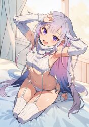 Rule 34 | 1girl, alternate costume, arm behind head, armpits, arms up, bed sheet, detached sleeves, full body, hair flaps, highres, hololive, hololive english, indoors, koseki bijou, long hair, long sleeves, looking at viewer, meme attire, mixed-language commentary, navel, on bed, open mouth, popo (popo0cat), purple eyes, purple hair, seiza, sitting, sketch background, smile, solo, sweater, thighhighs, toeless legwear, toes, virgin destroyer sweater, virtual youtuber, white sweater, white thighhighs