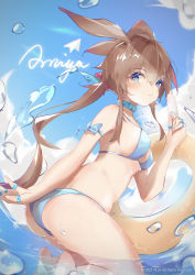 Rule 34 | 1girl, absurdres, amiya (arknights), animal ears, arknights, ass, bare shoulders, barefoot, bikini, blue bikini, blue bow, blue choker, blue eyes, blue sky, blush, bow, breasts, character name, choker, closed mouth, day, food, from behind, highres, holding, holding food, innertube, jewelry, kneeling, long hair, looking at viewer, looking back, medium breasts, multiple rings, outdoors, ponytail, popsicle, rabbit ears, ring, sidelocks, sky, swim ring, swimsuit, very long hair, water, water drop, yi lon