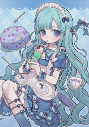 Rule 34 | 1girl, alternate costume, apron, aqua dress, aqua hair, aqua nails, blue eyes, blush, bow, cake, cake slice, cherry, commentary, cream, cup, dessert, dress, enmaided, food, fork, frills, fruit, hair bow, heart, highres, holding, holding cup, icing, knees together feet apart, knife, long hair, looking to the side, maid, original, patterned background, plate, ringed eyes, saucer, short sleeves, soda, solo, spatula, sugar cube, symbol-only commentary, teacup, user fggx5725, very long hair, white apron, wristband