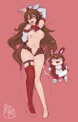 Rule 34 | 1girl, absurdres, aftersex, amber (genshin impact), baron bunny (genshin impact), bed, breasts, brown eyes, brown hair, censored, cleft of venus, cosplay, costume switch, cum, dakimakura (medium), doll, genshin impact, hair ribbon, highres, licking, licking finger, lying, mr mlemkins, nude, on back, open mouth, pink background, pussy, ribbon, shorts, solo, thigh strap
