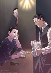 Rule 34 | 3boys, alternate costume, apron, black eyes, black hair, butler, character request, cigarette pack, cleaning, contemporary, cup, decoy00xx, drinking glass, elbow rest, facial hair, facial scar, goatee, golden kamuy, hair slicked back, hair strand, looking at another, male focus, mole, multiple boys, necktie, ogata hyakunosuke, peeking out, scar, scar on cheek, scar on face, short hair, stubble, table, undercut, usami tokishige, waist apron, wooden table