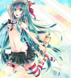 Rule 34 | 1girl, aqua eyes, aqua hair, arm behind back, arm up, bad id, bad pixiv id, bare shoulders, bottle, breasts, crop top, hat, hatsune miku, holding, kneeling, long hair, long twintails, looking at viewer, midriff, miniskirt, nail polish, navel, no bra, no pants, no shoes, non 00, open clothes, open mouth, open skirt, pleated skirt, ribbon, shirt, single thighhigh, skirt, sleeveless, sleeveless shirt, small breasts, solo, striped clothes, striped ribbon, striped thighhighs, thigh strap, thighhighs, toenail polish, toenails, twintails, underboob, undressing, very long hair, vocaloid