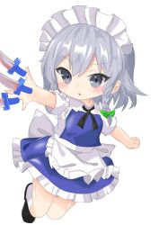 Rule 34 | 1girl, apron, black ribbon, blue skirt, blush, bow, braid, chibi, commentary request, double-parted bangs, feet up, frilled apron, frilled skirt, frills, green bow, grey eyes, grey hair, hair between eyes, hair bow, highres, izayoi sakuya, knife, kurapi pref, looking at viewer, maid, maid apron, maid headdress, medium hair, neck ribbon, open mouth, outstretched arms, ribbon, shirt, short sleeves, simple background, single braid, skirt, solo, touhou, white apron, white background, white shirt