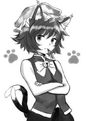 Rule 34 | 1girl, animal ear fluff, animal ears, bare shoulders, bell, bow, bowtie, breasts, cat ears, cat tail, chen, crossed arms, fang, greyscale, hat, highres, jingle bell, looking at viewer, mob cap, monochrome, mouth hold, multiple tails, nekomata, paw print, paw print background, sen (daydream 53), short hair, simple background, skin fang, small breasts, solo, tail, touhou, two tails, upper body