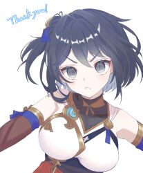 Rule 34 | absurdres, black hair, breasts, commission, detached sleeves, elbow sleeve, granblue fantasy, grey eyes, ha ra pe ko, halterneck, highres, looking at viewer, parted lips, shion (granblue fantasy), skeb commission, solo, upper body, white background