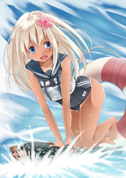 Rule 34 | 10s, 1girl, :d, all fours, barefoot, blonde hair, blue eyes, cloud, creek (moon-sky), flower, hair flower, hair ornament, highres, kantai collection, lifebuoy, long hair, open mouth, ro-500 (kancolle), sailor collar, school swimsuit, sky, smile, swim ring, swimsuit, swimsuit under clothes, tongue, water