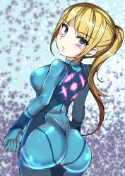 Rule 34 | 1girl, ass, blonde hair, blue eyes, blush, bodysuit, breasts, from above, from behind, highres, huge ass, large breasts, long hair, looking at viewer, looking back, looking up, metroid, nintendo, open mouth, parted lips, samus aran, shiny clothes, sideboob, skin tight, solo, sumida yoshi, very long hair, zero suit