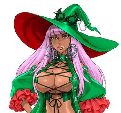 Rule 34 | 10s, 1girl, bandai, blunt bangs, breasts, cleavage, criss-cross halter, culdcept, culdcept (series), culdcept revolt, dark-skinned female, dark skin, earrings, female focus, frills, green hat, green jacket, halterneck, hand on own hip, hat, headwear request, hypna, jacket, jewelry, large breasts, long hair, looking at viewer, lowres, navel, nishimura kinu, official art, open clothes, open jacket, open mouth, purple hair, revealing clothes, smile, solo, standing, transparent background, upper body, witch, witch hat, yellow eyes
