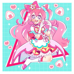 Rule 34 | 1girl, apron, back bow, big hair, blue bow, boots, bow, bright pupils, commentary, cone hair bun, cure precious, delicious party precure, double bun, dress, earrings, floating, food, gloves, hair bow, hair bun, hair tie, hairband, high heel boots, high heels, highres, jewelry, kome-kome (precure), large bow, legs up, long hair, looking at viewer, medium dress, meranoreuka (pandapaca), nagomi yui, onigiri, own hands together, pink bow, pink dress, pink hair, pink hairband, precure, purple eyes, short sleeves, solo, two side up, waist apron, white footwear, white gloves, white pupils