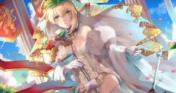 Rule 34 | 10s, 1girl, aestus estus, bad id, bad pixiv id, banner, belt, blonde hair, blue sky, bouquet, breasts, bridal veil, cleavage, cloud, cloudy sky, day, dutch angle, fate/extra, fate/extra ccc, fate/grand order, fate (series), flower, gloves, green eyes, hair between eyes, highres, holding, holding bouquet, ichinosenen, laurel crown, leotard, medium breasts, nero claudius (bride) (fate), nero claudius (bride) (third ascension) (fate), nero claudius (fate), nero claudius (fate) (all), outdoors, red flower, red rose, rose, short hair with long locks, sidelocks, sky, solo, sword, veil, weapon, white gloves