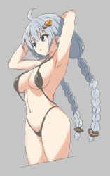 Rule 34 | 1girl, adjusting hair, armpits, arms up, b.c, bare legs, bare shoulders, bikini, bikini top only, black bikini, blue eyes, blush, border, braid, breasts, cleavage, closed mouth, eyes visible through hair, fingernails, from below, gluteal fold, grey background, hair ornament, highres, jacket, jewelry, kizuna akari, large breasts, long hair, looking at viewer, low twintails, mole, mole on breast, nail polish, navel, necklace, nervous, open clothes, open jacket, shy, sideboob, sidelocks, silver hair, simple background, sitting, smile, solo, standing, swimsuit, swimsuit under clothes, twin braids, twintails, underboob, very long hair, vocaloid, voiceroid