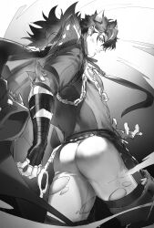 Rule 34 | 1boy, absurdres, animal ears, ass, bandaged hand, bandages, bara, cape, fur-trimmed cape, fur trim, genshin impact, greyscale, haiki (tegusu), highres, jacket, large pectorals, looking at viewer, male focus, monochrome, muscular, muscular male, pants, pectorals, short hair, solo, torn clothes, torn pants, wriothesley (genshin impact)