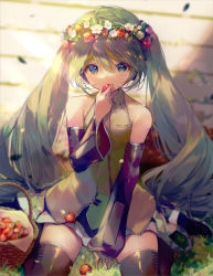 Rule 34 | 1girl, bare shoulders, basket, between legs, black skirt, black sleeves, black thighhighs, blue eyes, blue hair, breasts, collared shirt, commentary request, detached sleeves, flower, flower wreath, food, fruit, green necktie, grey shirt, hair between eyes, hand between legs, hatsune miku, head wreath, highres, holding, holding food, ito taera, long hair, long sleeves, necktie, pleated skirt, resolution mismatch, shirt, sitting, skirt, sleeveless, sleeveless shirt, sleeves past wrists, small breasts, solo, source smaller, strawberry, thighhighs, tie clip, twintails, very long hair, vocaloid, wariza, white flower, wide sleeves
