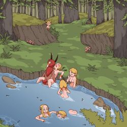 Rule 34 | 1boy, absurdres, blonde hair, completely nude, forest, goat tail, hetero, highres, horns, laughing, long hair, missionary, multiple girls, nature, nuclear wasabi, nude, nymph, original, outdoors, peeking, public indecency, public nudity, red hair, river, satyr, sex, vaginal