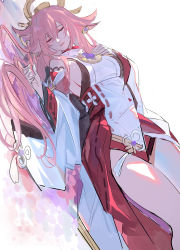 Rule 34 | 1girl, absurdres, bare shoulders, breasts, chinese commentary, closed eyes, commentary request, detached sleeves, echj, eyeshadow, genshin impact, hair between eyes, highres, long hair, long sleeves, makeup, medium breasts, pink hair, red skirt, shirt, sideboob, skirt, sleeveless, sleeveless shirt, smile, solo, thighs, white background, white shirt, wide sleeves, yae miko
