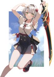 Rule 34 | 1girl, absurdres, genshin impact, highres, holding, holding sword, holding weapon, looking at viewer, lumo 1121, noelle (genshin impact), simple background, solo, sword, thighs, weapon, white background