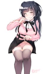 Rule 34 | 1girl, :q, black dress, black hair, black thighhighs, blouse, blunt bangs, blush, bow, breasts, brown eyes, clothes lift, dress, highres, idolmaster, idolmaster shiny colors, lifted by self, long hair, long sleeves, mask, mayuzumi fuyuko, medium breasts, mouth mask, panties, pink panties, pink shirt, shirosaba, shirt, skirt, skirt lift, smile, solo, thighhighs, tongue, tongue out, two side up, underwear, upskirt