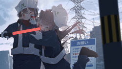 Rule 34 | 2girls, animal ears, blush, brown eyes, brown hair, building, can, closed eyes, construction site, day, drink can, gloves, helmet, highres, hoji (hooooooooji1029), holding, holding can, long hair, multiple girls, open mouth, original, outdoors, scarf, transmission tower, white gloves