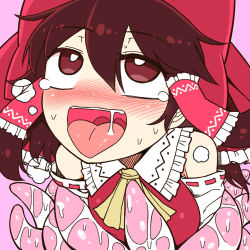 Rule 34 | 1girl, ahegao, ascot, bare shoulders, blush, bow, brown eyes, brown hair, hair bow, hair tubes, hakurei reimu, implied sex, open mouth, pink background, red bow, rolling eyes, saliva, saliva trail, tentacle sex, tentacles, tongue, tongue out, touhou, yassy, yellow ascot