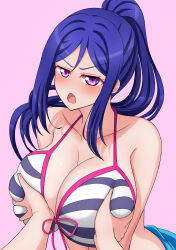 Rule 34 | 1girl, 1other, absurdres, bare shoulders, bikini, blue hair, blush, breasts, cleavage, collarbone, front-tie bikini top, front-tie top, grabbing, grabbing another&#039;s breast, highres, large breasts, long hair, looking at viewer, love live!, love live! sunshine!!, matsuura kanan, open mouth, ponytail, pov, purple eyes, ryusei, simple background, striped bikini, striped clothes, swimsuit, tongue